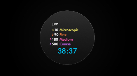 LCD Screen displaying particle sizes.